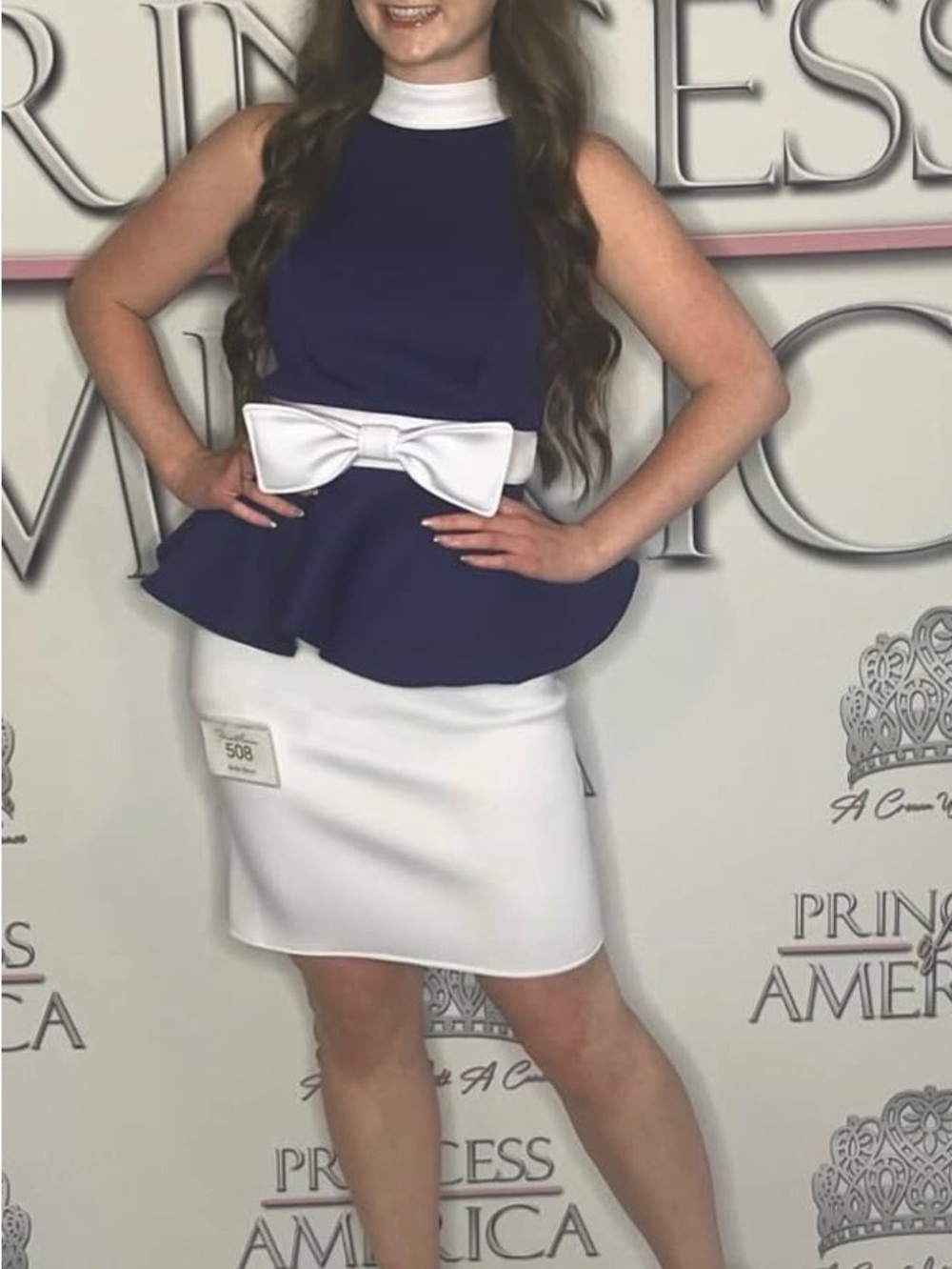 Custom deep purple Peplum top, skirt and pants with White Bow Accent